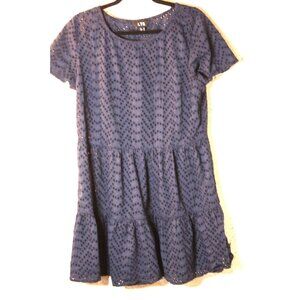 LTS Midi Dress Womens size 12 Navy Blue Eyelet Tier Puff